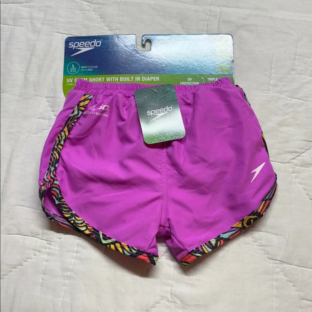 NWT Speedo Baby Girls'‎ Pink Purple UV Swim Shorts Built-in Diaper - Size 18M L